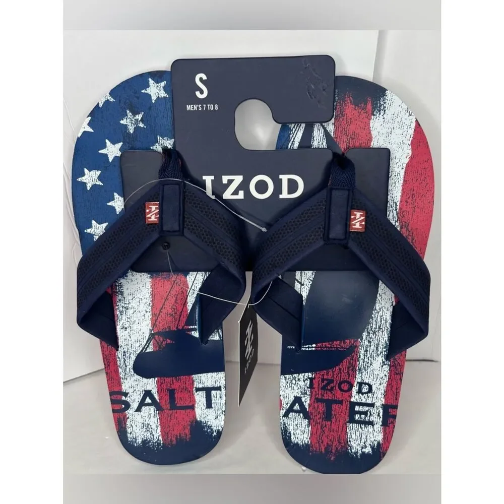 Izod Navy, Red & White Flag-Print Men's Flip Flops Various Size